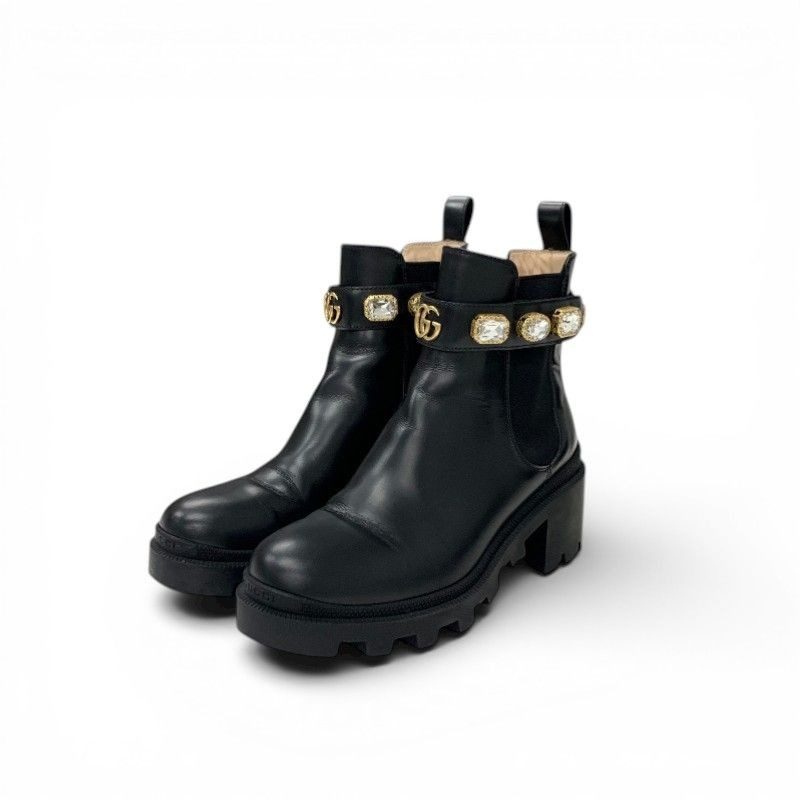 Gucci Short Boots Shoes Leather Black Bijoux GG Marmont Belt Side Gore