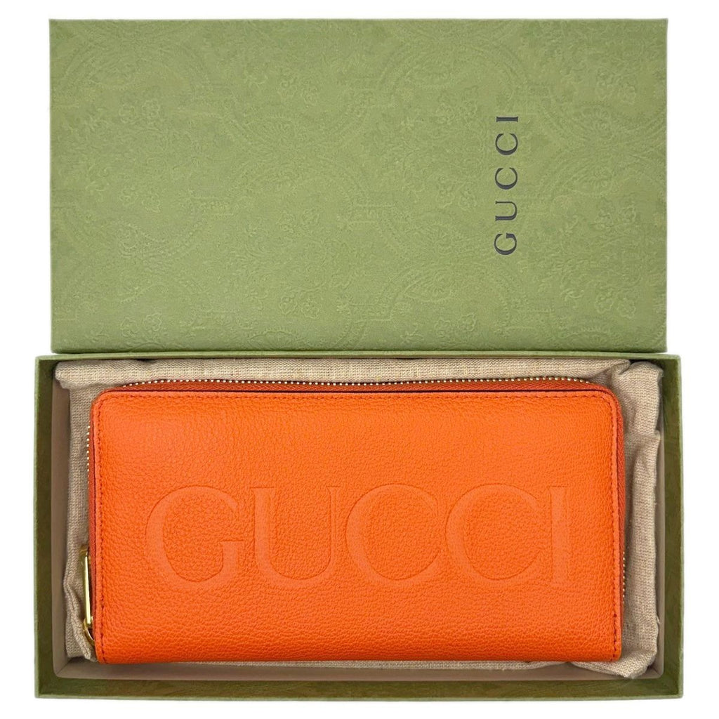 Gucci Wallet Zip Around Leather Logo Orange Gold