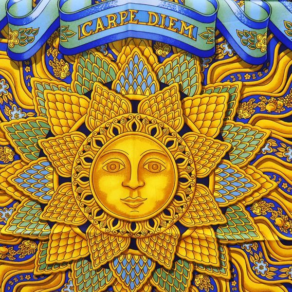 Hermes Carre 90 Carpe DIEM Enjoy Your Day Scarf 100% Silk Blue Sun — view 2