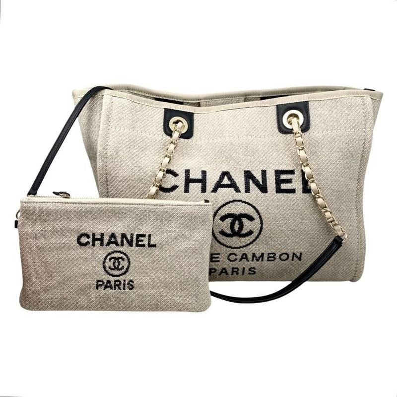 Chanel Tote Bag Deauville MM Canvas Chain Logo Beige Black Gold Hardware