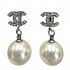 Chanel Earrings CC Logo Swing Rhinestone White Silver