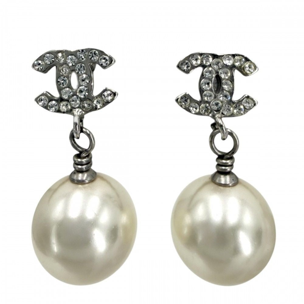 Chanel Earrings CC Logo Swing Rhinestone White Silver
