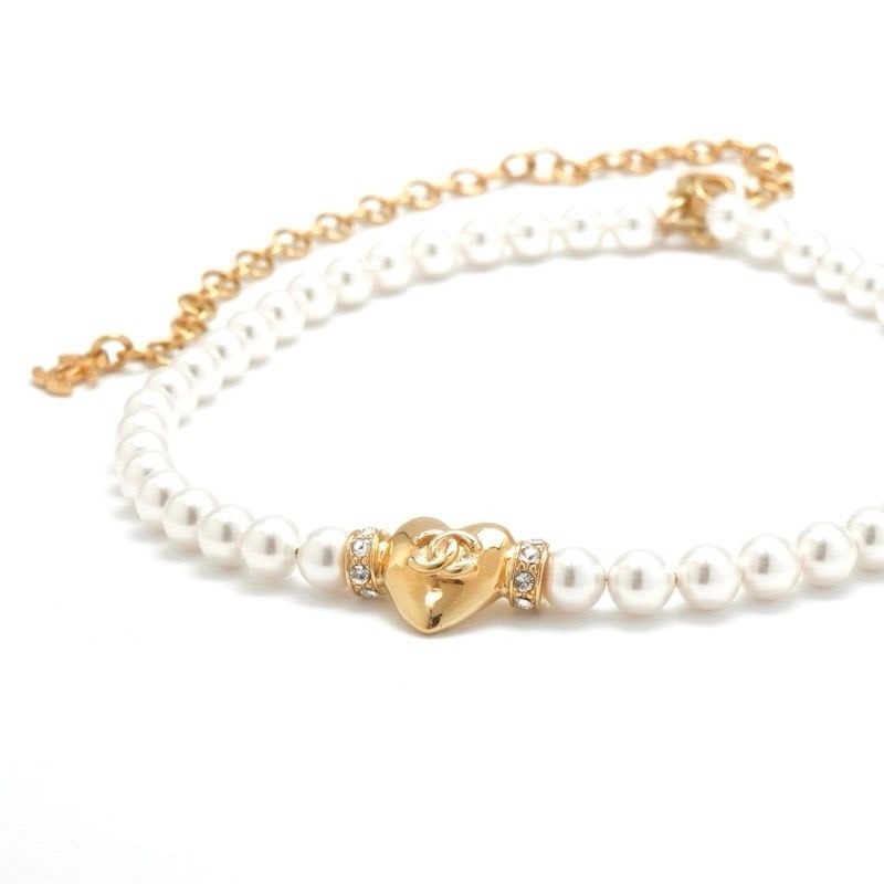 Chanel Choker White Gold Heart Coco Mark Rhinestone