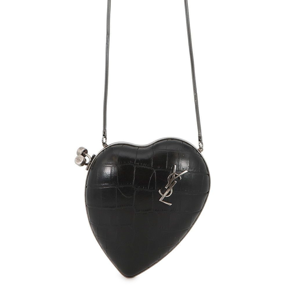 Saint Laurent Paris Chain Shoulder Bag Love Box Croco Embossed Leather Black