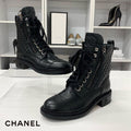 Chanel Quilted Coco Mark Leather Lace Up Short Boots