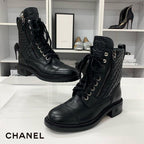 Chanel Quilted Coco Mark Leather Lace Up Short Boots