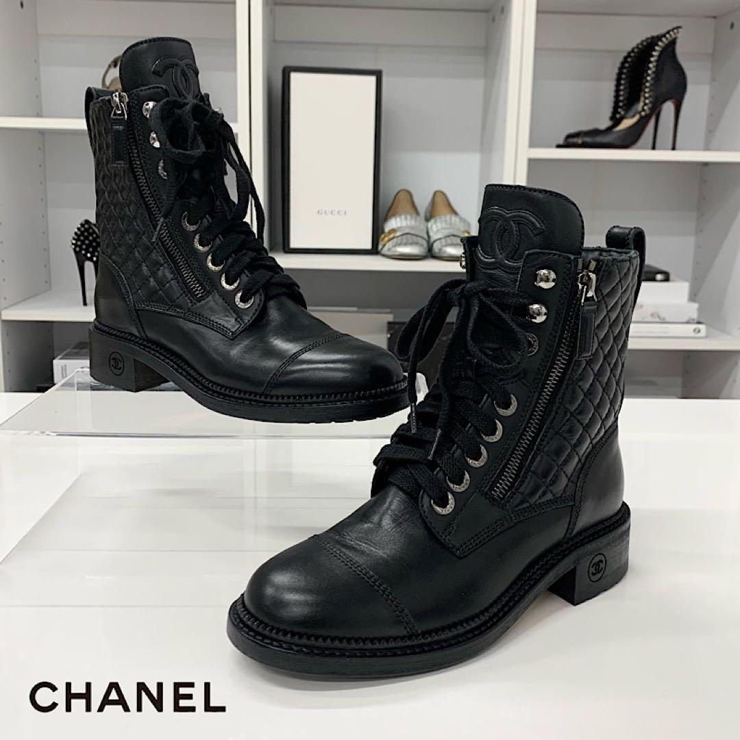 Chanel Quilted Coco Mark Leather Lace Up Short Boots