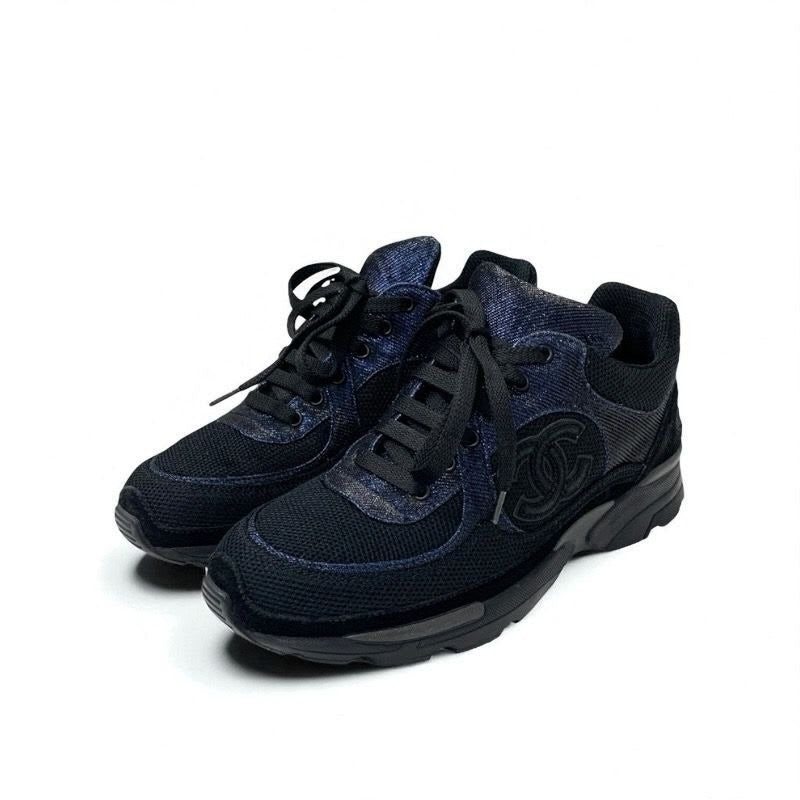 Chanel Sneakers Shoes Fabric Black Blue Coco Mark Metallic
