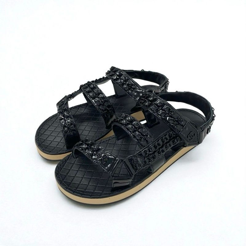 Chanel Sandals Shoes Leather Black Coco Mark Chain Velcro