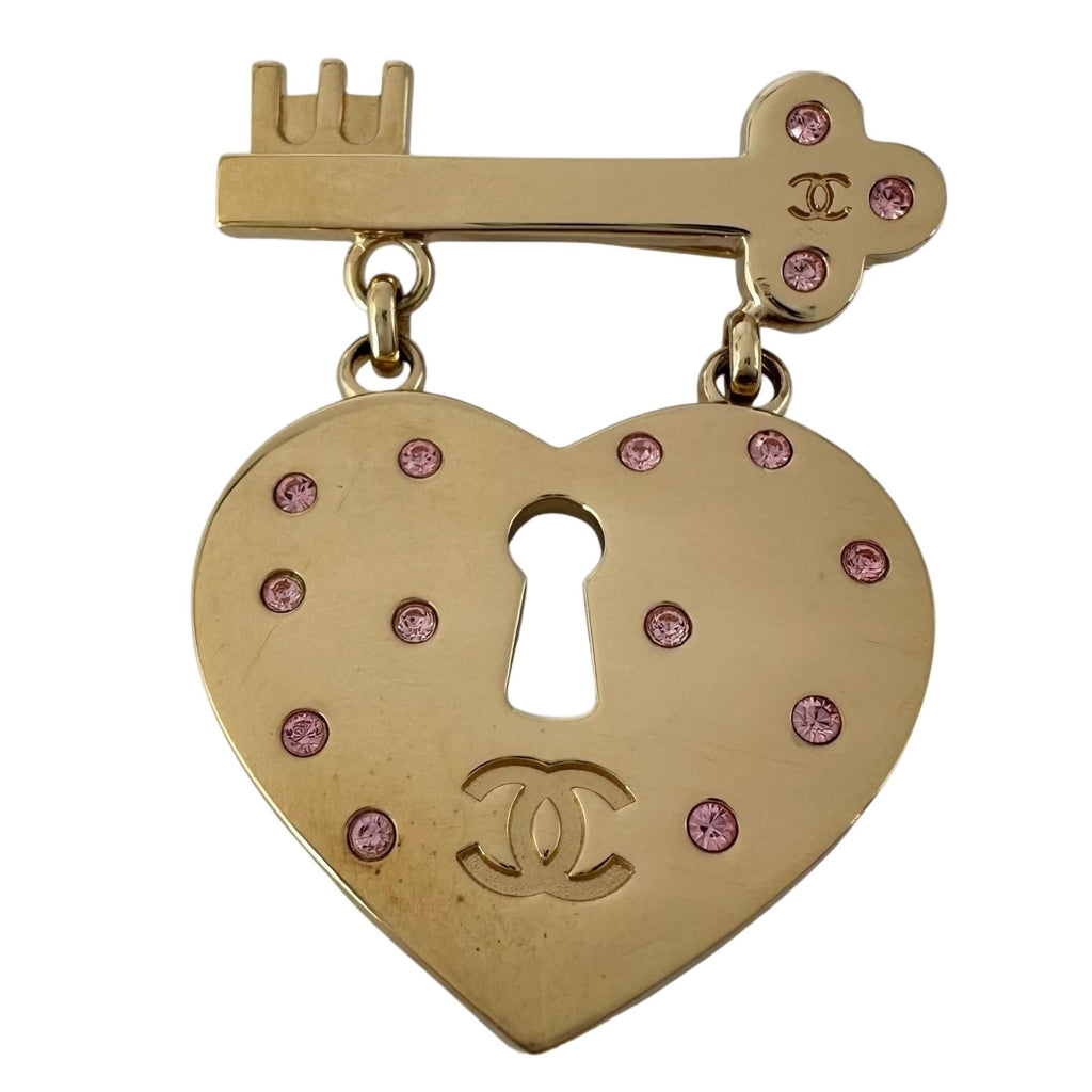 Chanel Heart Lock Gold Plated Pink Brooch