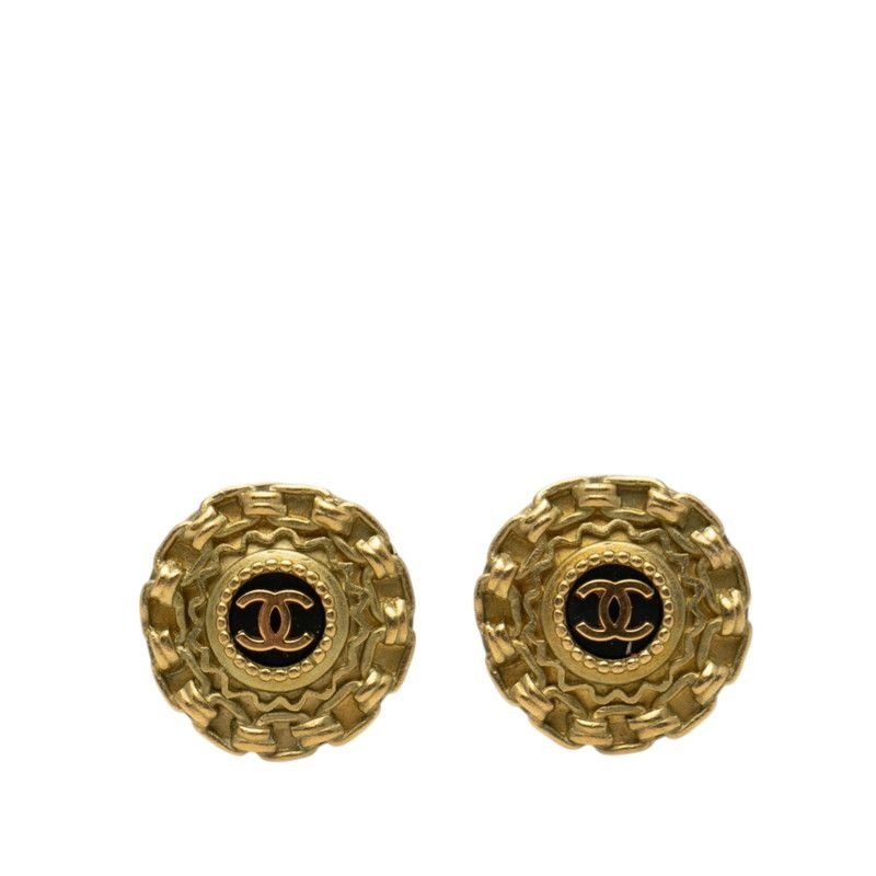 Chanel CC Logo Round Earrings Gold Black Plated