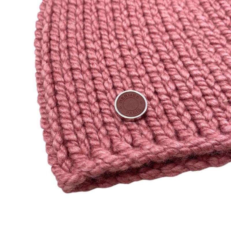 Hermes Hat Knit Joplin Beanie N Frme M Size Calfskin Button Rose — view 3