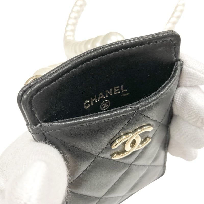Chanel Card Case Holder Pass Black Gold Coco Mark Quilted Pearl — view 6