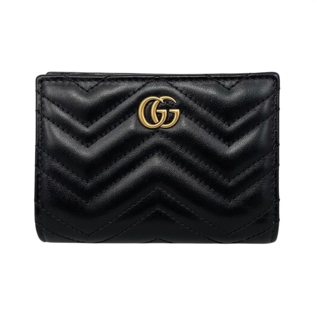 Gucci Bifold Wallet Double Quilted Leather Logo Black Gold