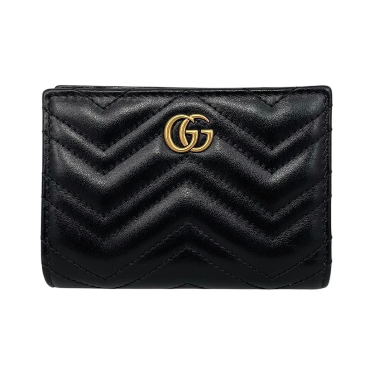 Gucci Bifold Wallet Double Quilted Leather Logo Black Gold