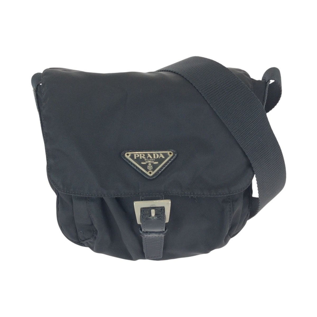 Prada Tessuto Black Silver Nylon Leather Shoulder Bag
