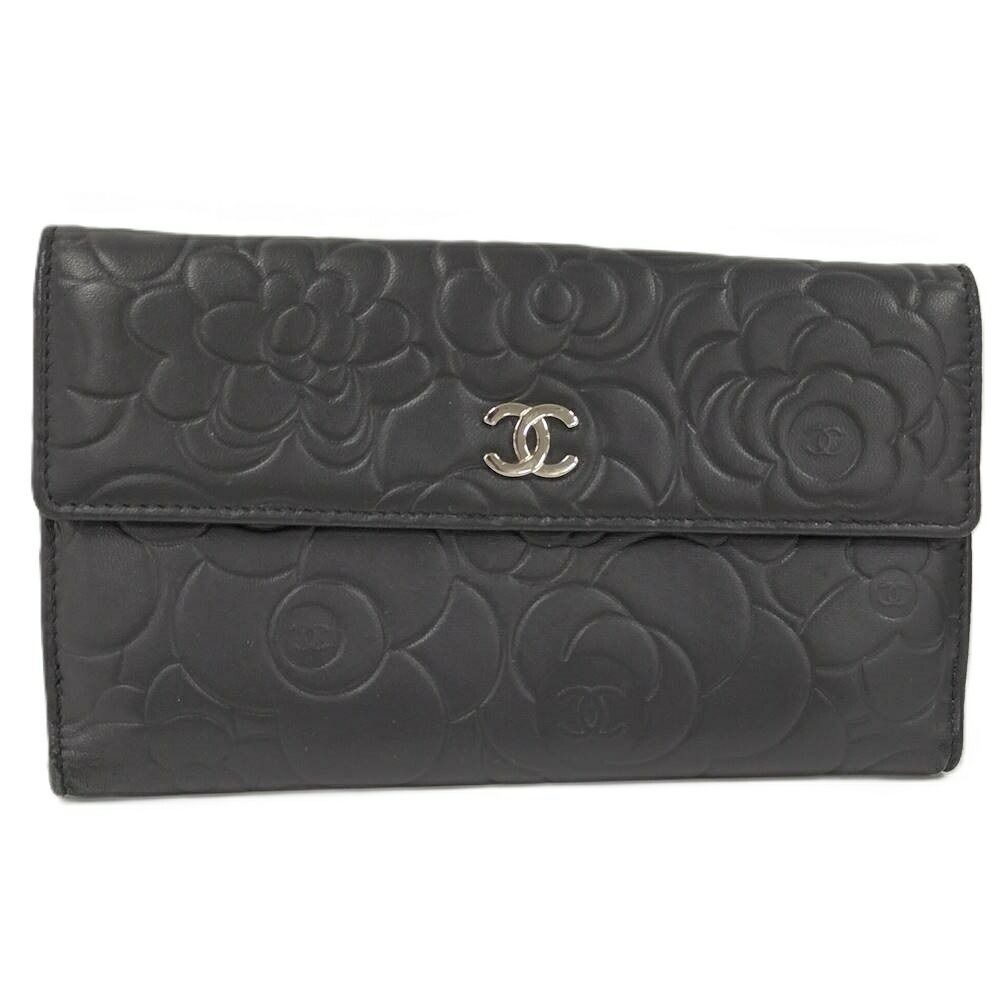 Chanel Camellia Bifold Wallet Leather Black