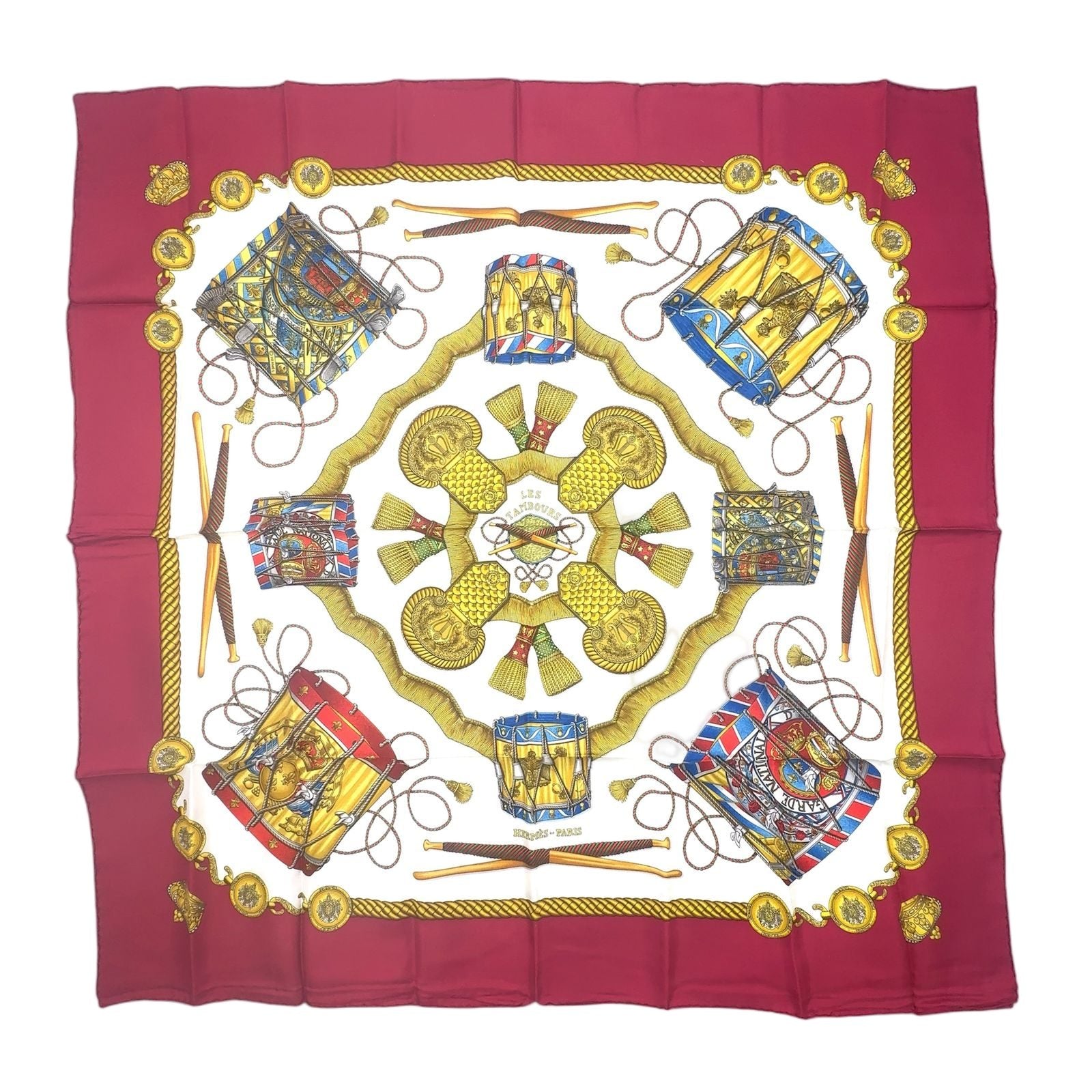 Hermes Re Tambour Carre 90 Silk White Multicolor Red Scarf
