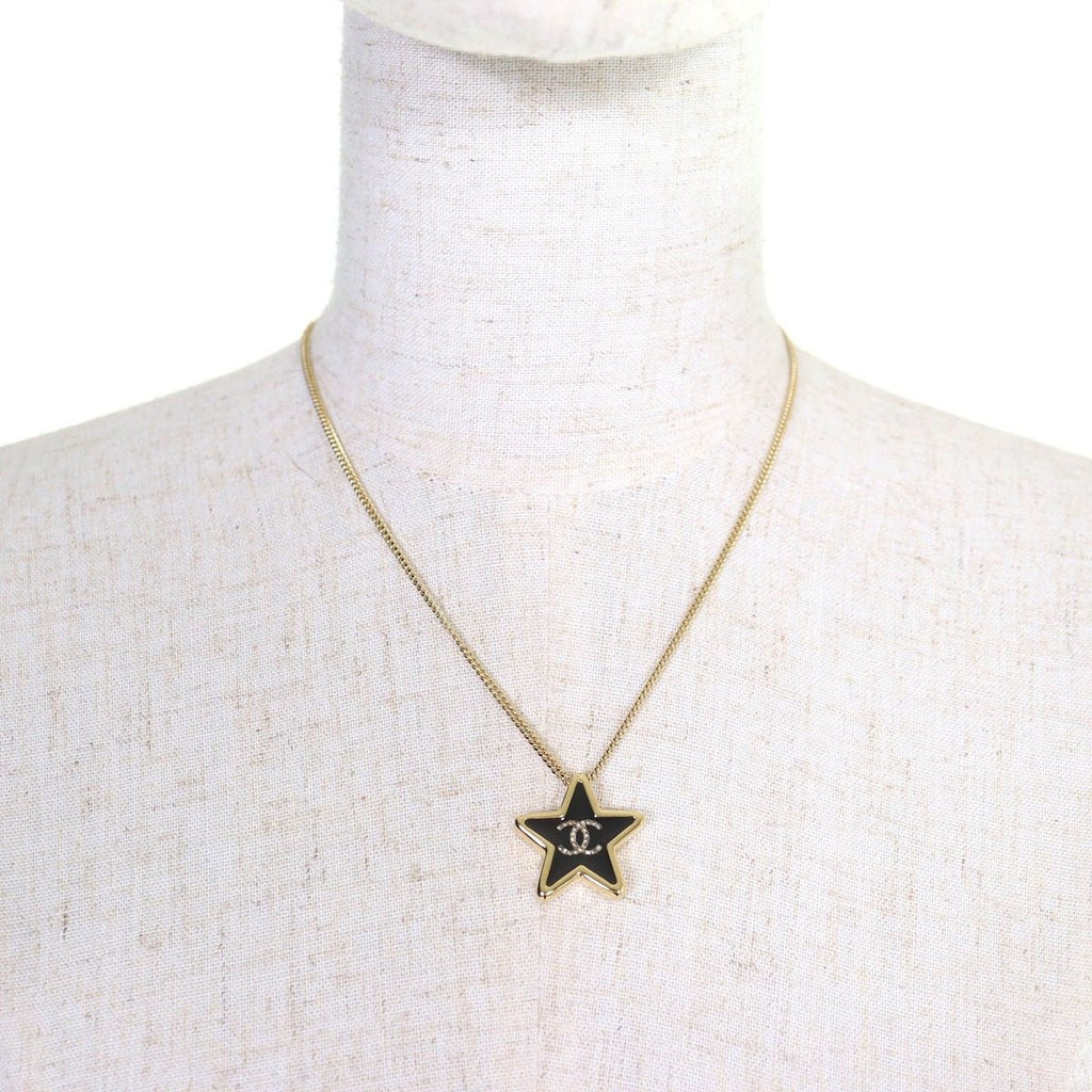 Chanel Crystal CC Logo Star Necklace Pendant Gold Black — view 3