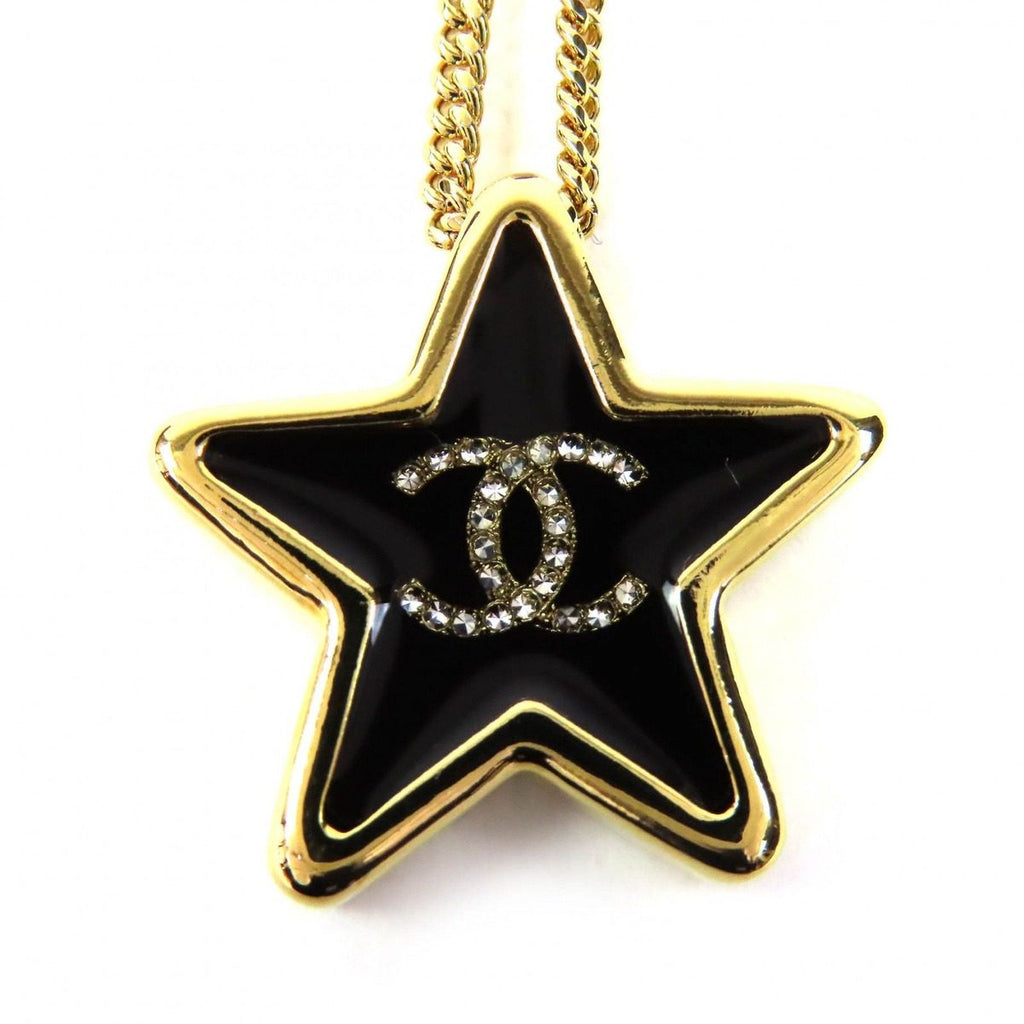 Chanel Crystal CC Logo Star Necklace Pendant Gold Black