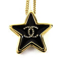 Chanel Crystal CC Logo Star Necklace Pendant Gold Black