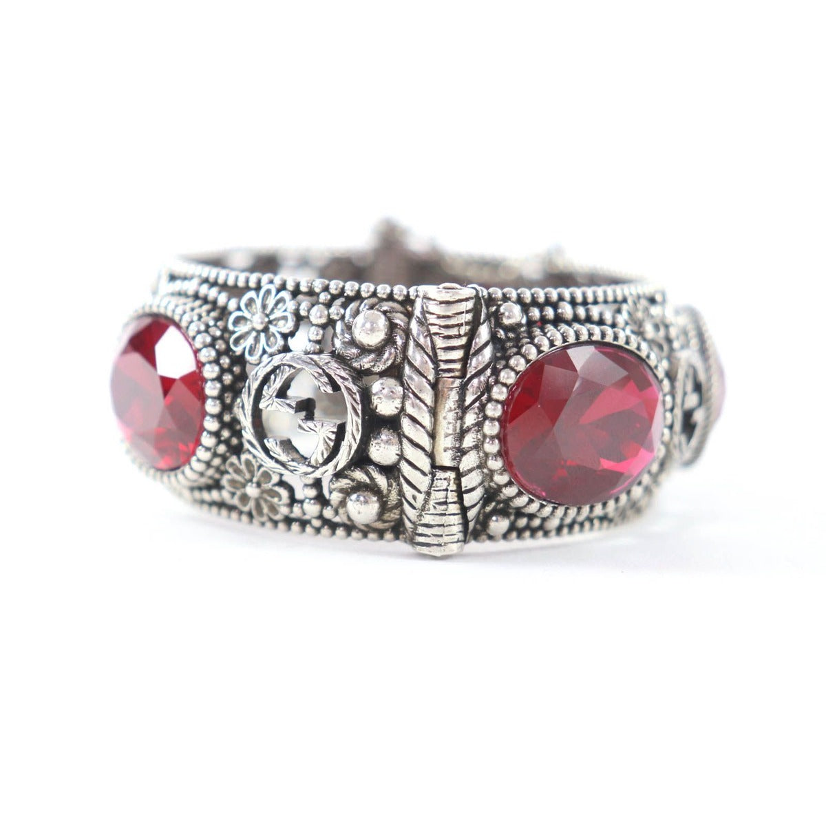 Gucci 925 Interlocking Flower Bangle with Colored Stones Silver Red 17 Total — view 2