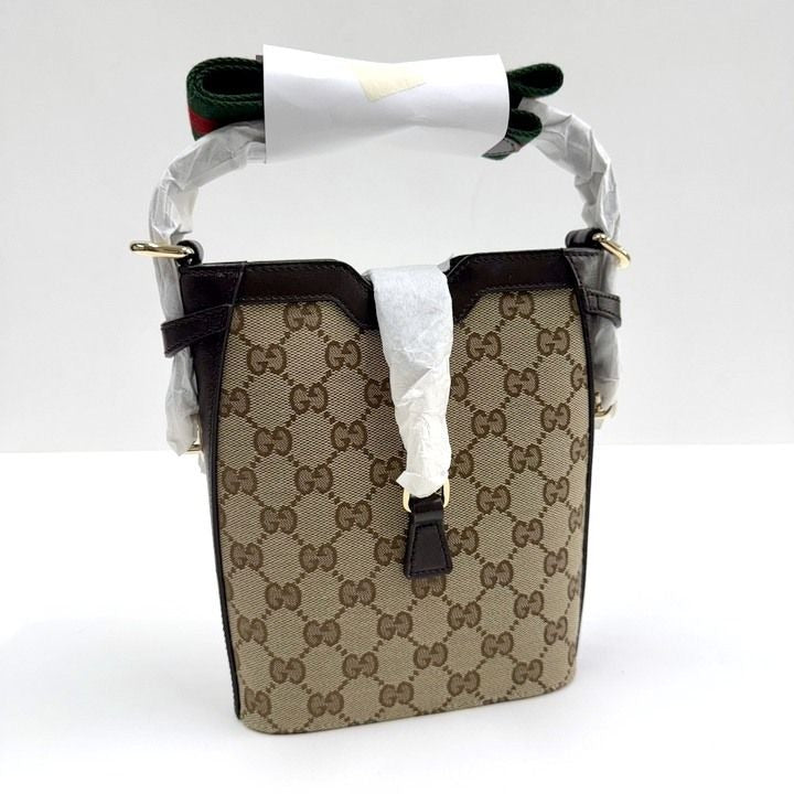 Gucci Mini Bucket Shoulder Bag GG Canvas Leather Sherry