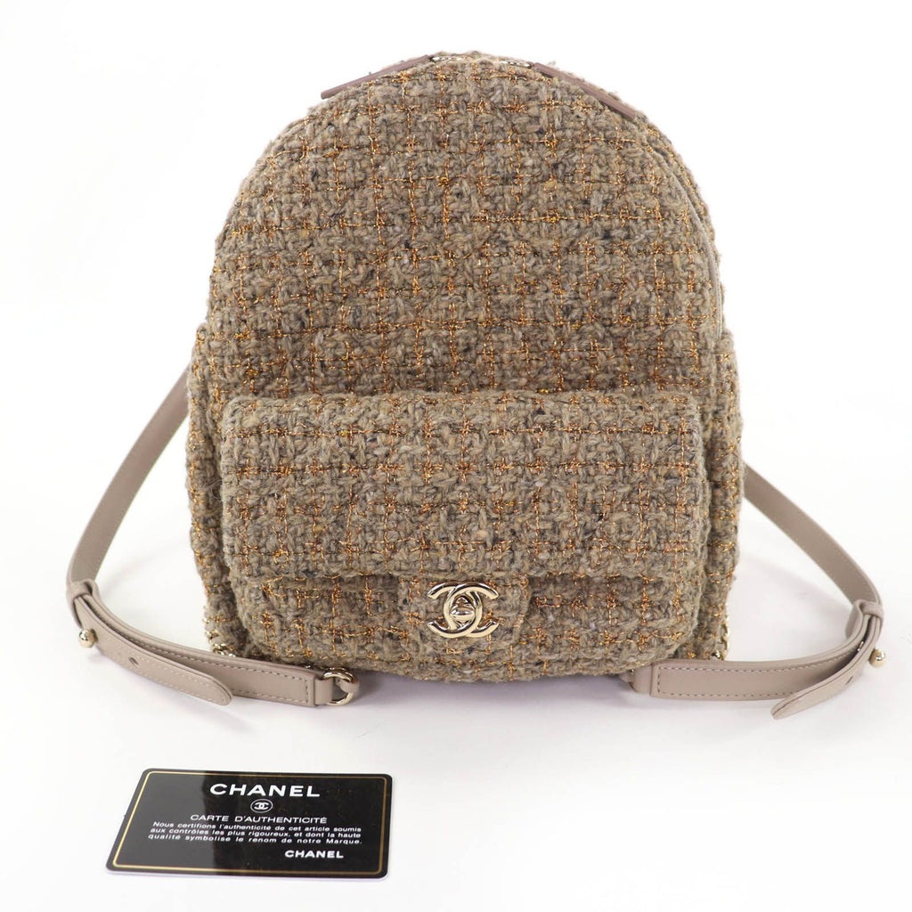 Chanel CC Logo Turnlock Quilted Tweed Chain Shoulder Leather Backpack — view 2