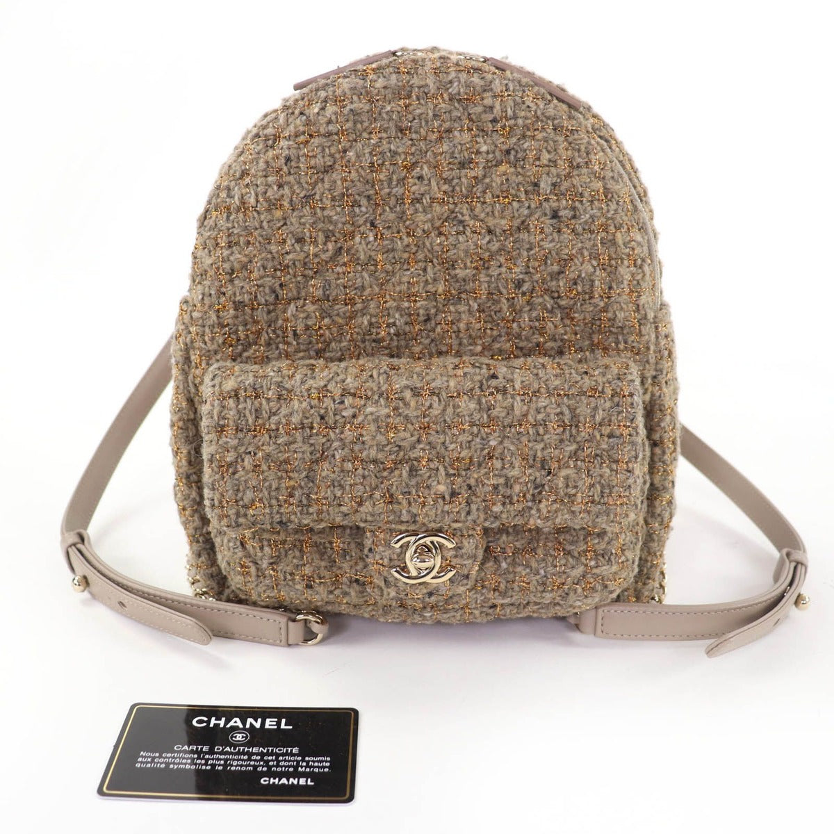 Chanel CC Logo Turnlock Quilted Tweed Chain Shoulder Leather Backpack — view 2