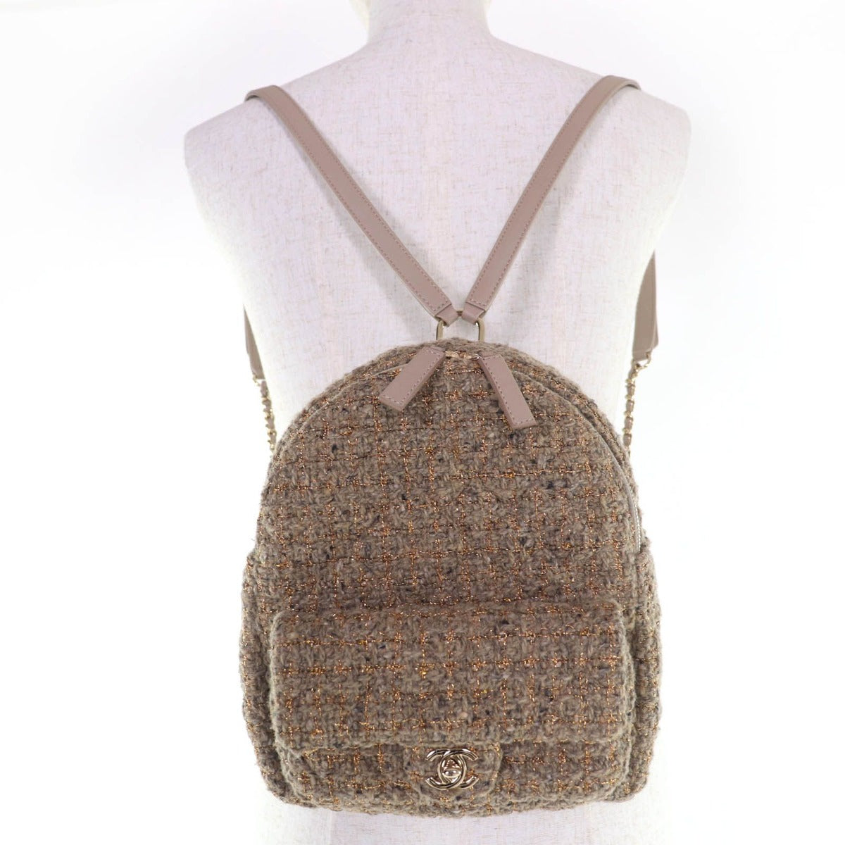 Chanel CC Logo Turnlock Quilted Tweed Chain Shoulder Leather Backpack — view 7