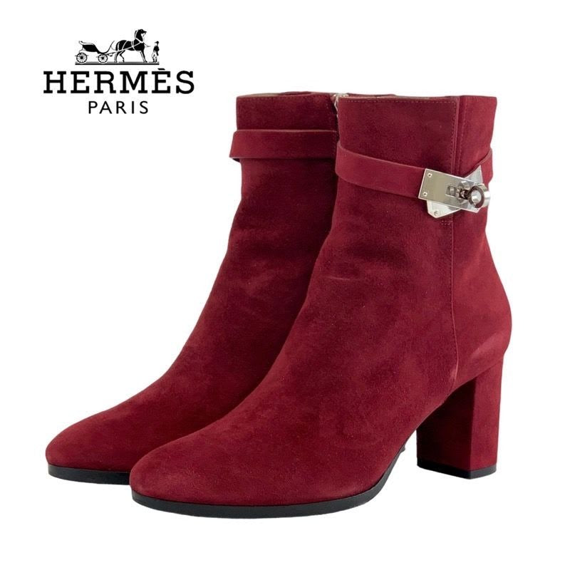 Hermes Saint-germain Boots Short Shoes Suede Red Silver Kelly Hardware