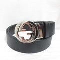 Gucci Interlocking Buckle Reversible Leather Belt Guccissima Black Brown Silver