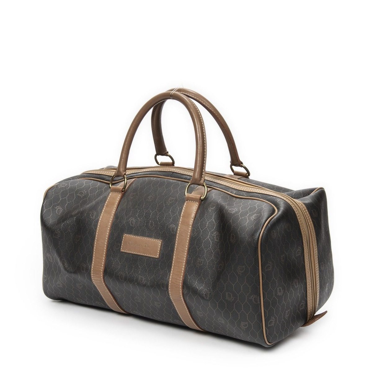 Dior Vintage Travel Boston Gray Brown Honeycomb Canvas Shoulder Bag — view 2