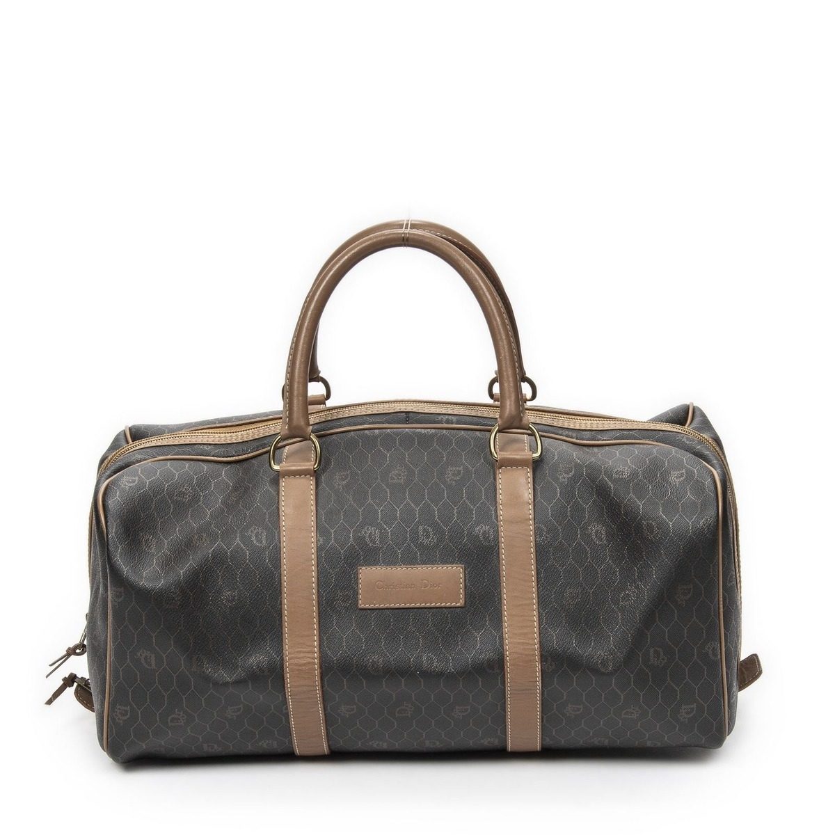 Dior Vintage Travel Boston Gray Brown Honeycomb Canvas Shoulder Bag