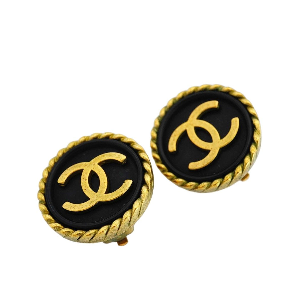 Chanel Earrings Vintage CC Logo Gold Plated Black Cles — view 2