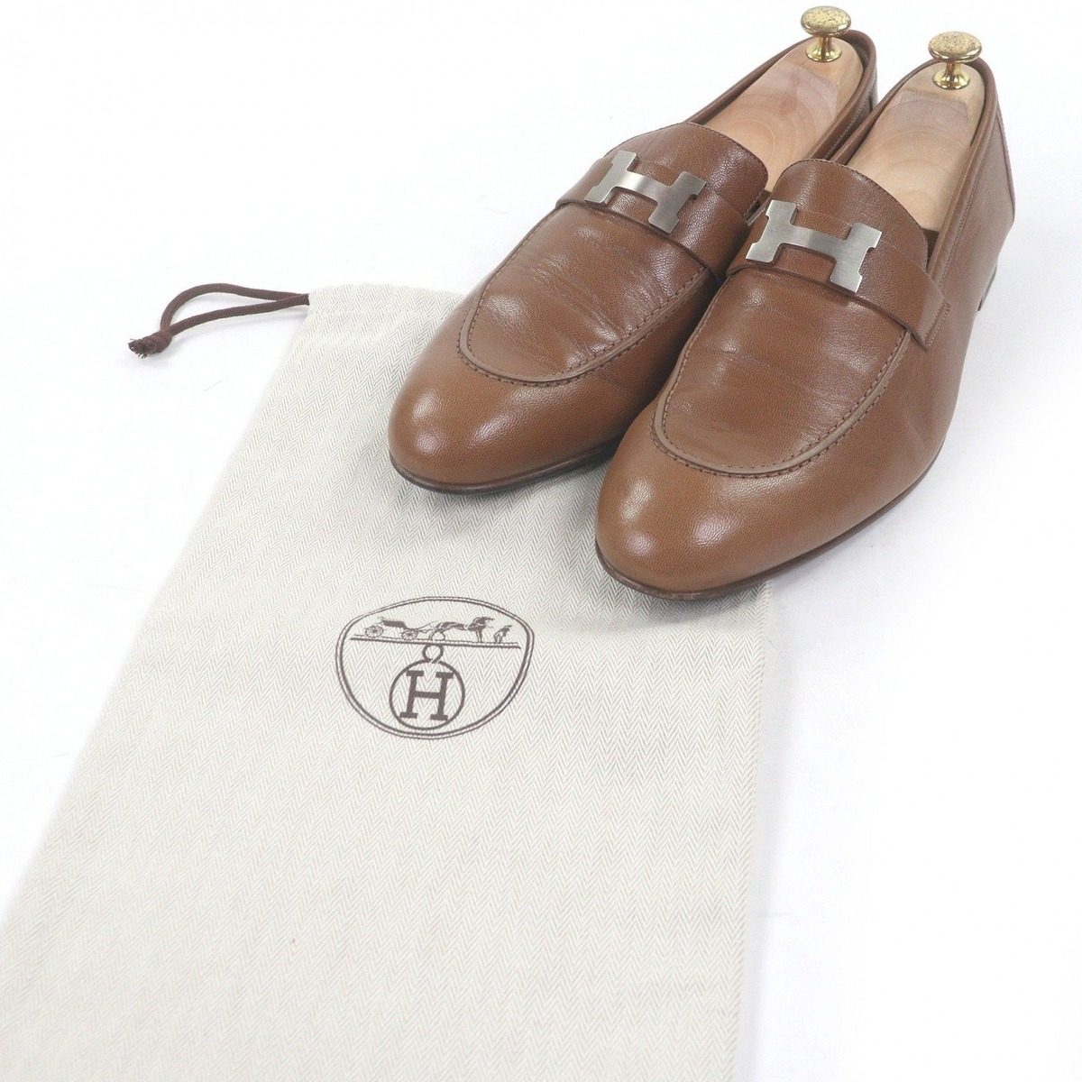 Hermes Leather Constance H Logo Silver Moccasins Loafers Flat Shoes Brown 46 — view 2