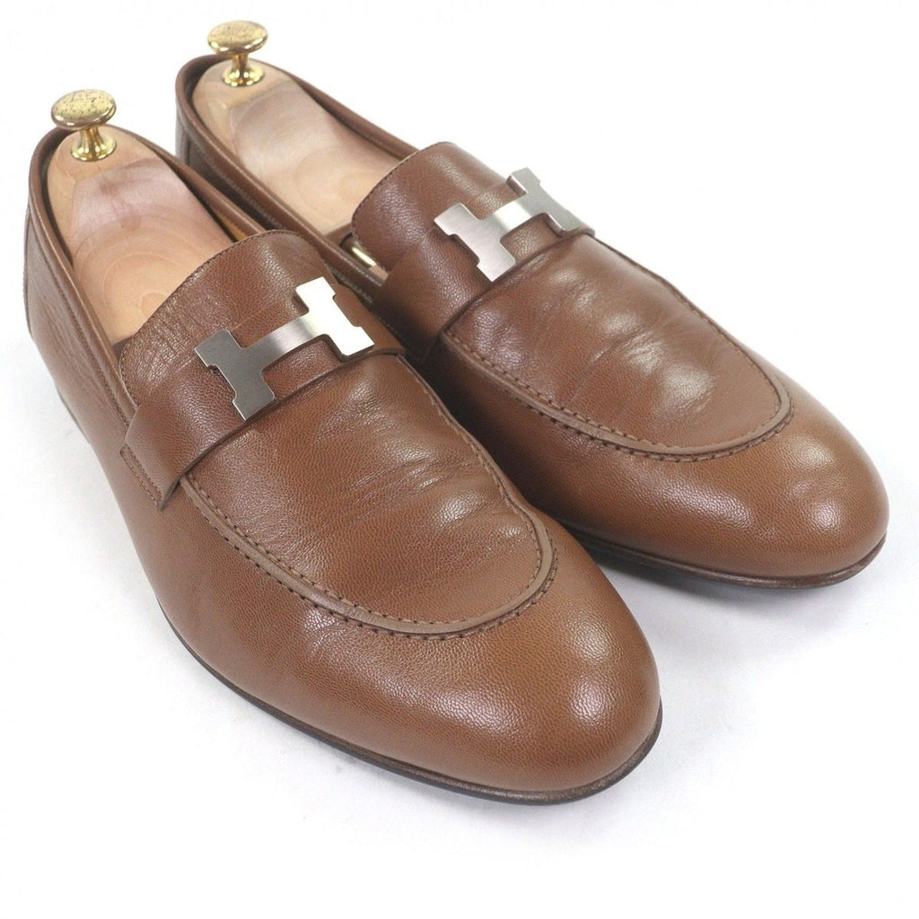 Hermes Leather Constance H Logo Silver Moccasins Loafers Flat Shoes Brown 46 — view 3