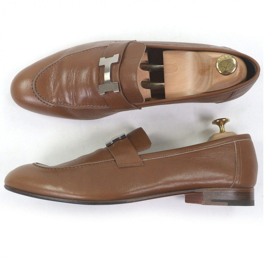 Hermes Leather Constance H Logo Silver Moccasins Loafers Flat Shoes Brown 46 — view 4