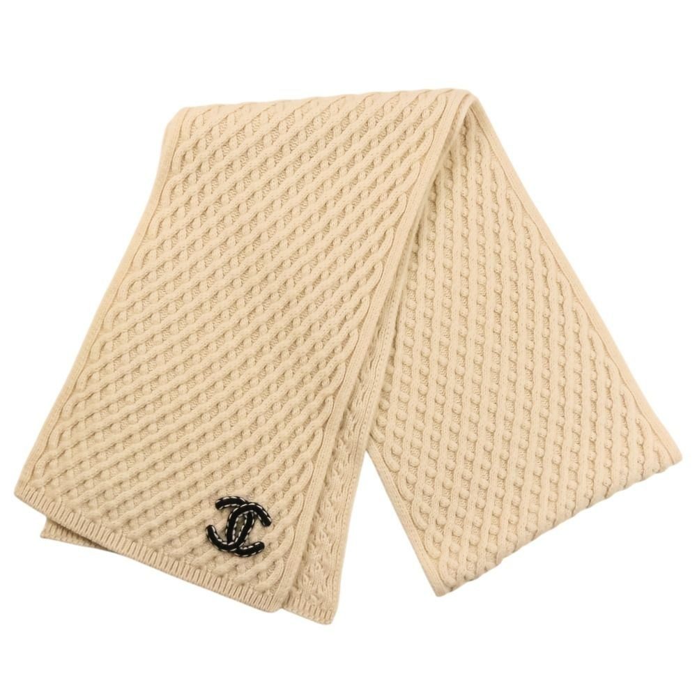 Chanel CC Logo Cashmere Mushroom Blue Knit Scarf Beige Sweater