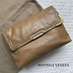 Bottega Veneta Leather Clutch Bag Beige Gold Hardware Party