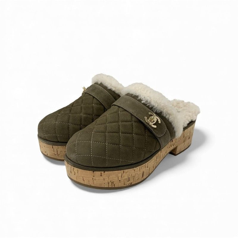 Chanel Sandals Shoes Suede Mouton Cork Khaki Brown Gold CC Logo Quilted