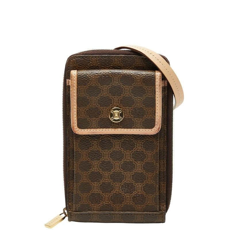Celine Macadam Crossbody Wallet Shoulder Bag Brown Beige Leather