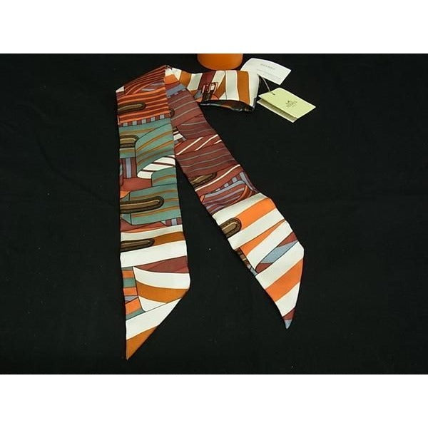 Hermes 100% Silk Twilly Ribbon Scarf Orange And Multicolor Fi5472