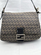 Fendi Mamma Zucca Bucket Baguette Navy Tan Flap Bag Purse Tote FF