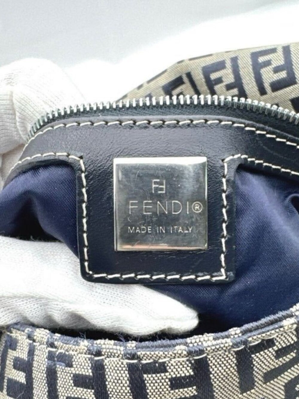Fendi Mamma Zucca Bucket Baguette Navy Tan Flap Bag Purse Tote FF