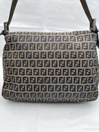 Fendi Mamma Zucca Bucket Baguette Navy Tan Flap Bag Purse Tote FF