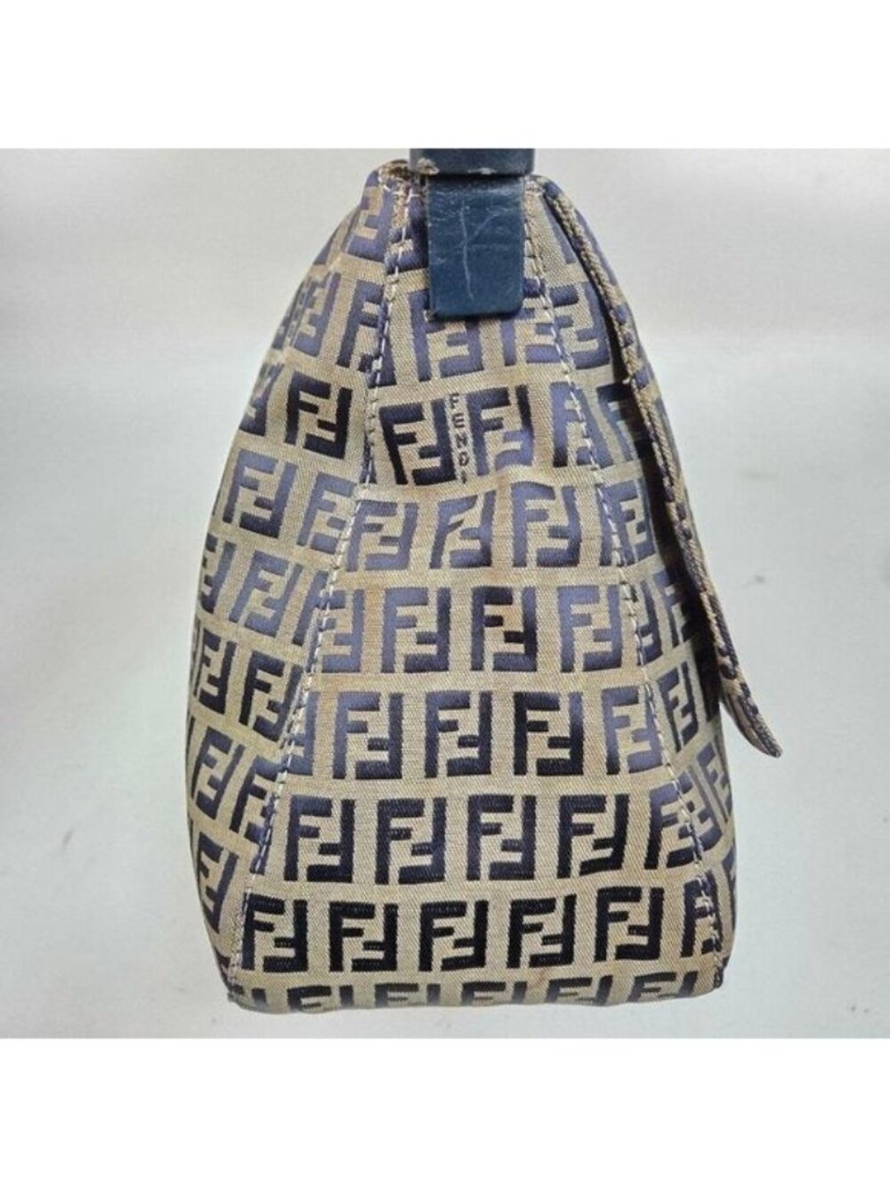Fendi Mamma Zucca Bucket Baguette Navy Tan Flap Bag Purse Tote FF