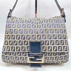 Fendi Mamma Zucca Bucket Baguette Navy Tan Flap Bag Purse Tote FF