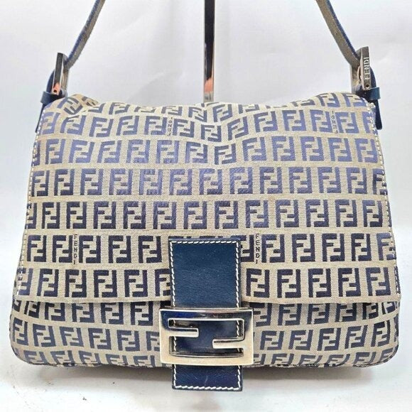 Fendi Mamma Zucca Bucket Baguette Navy Tan Flap Bag Purse Tote FF