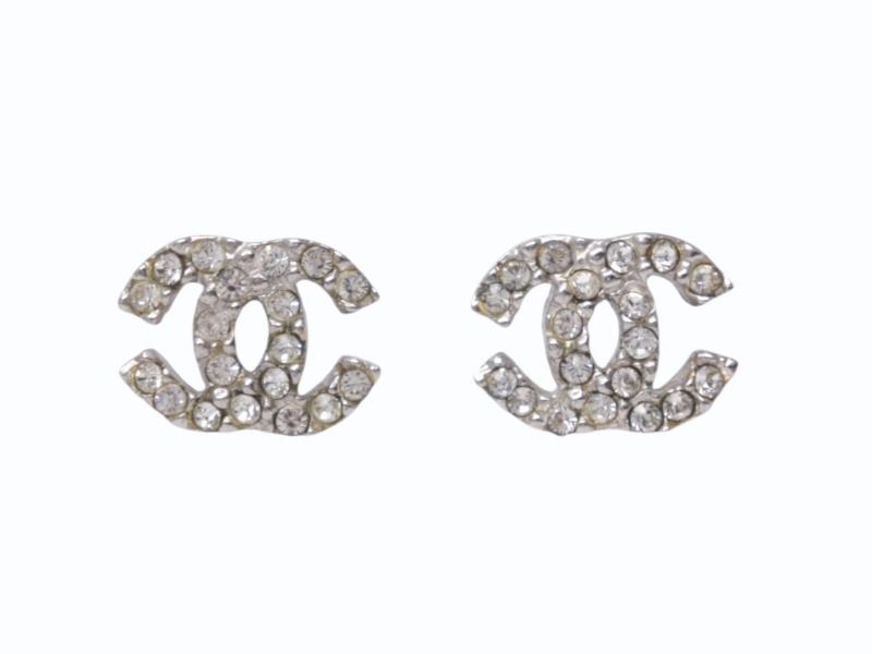 Chanel CC Logo Earrings 03 Rhinestone Metal Silver Clear